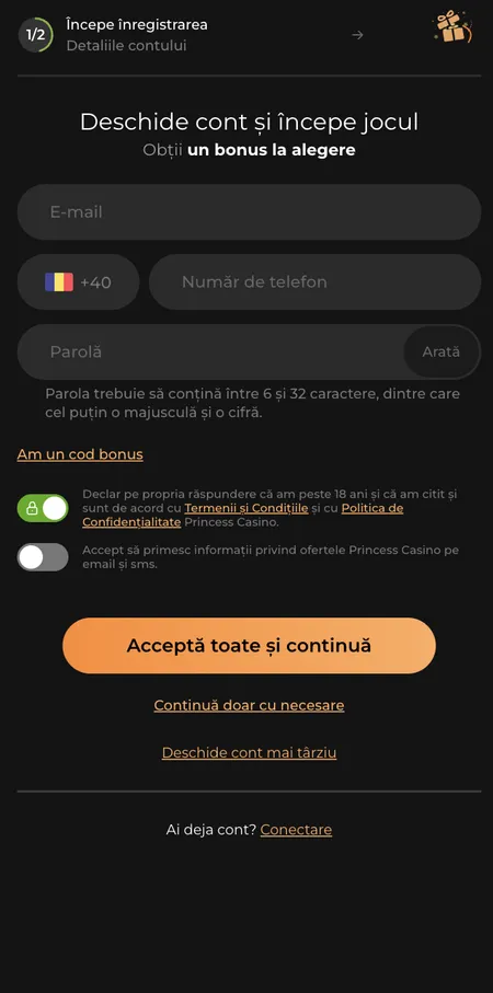 Modulo di registrazione Princess Casino passo 1